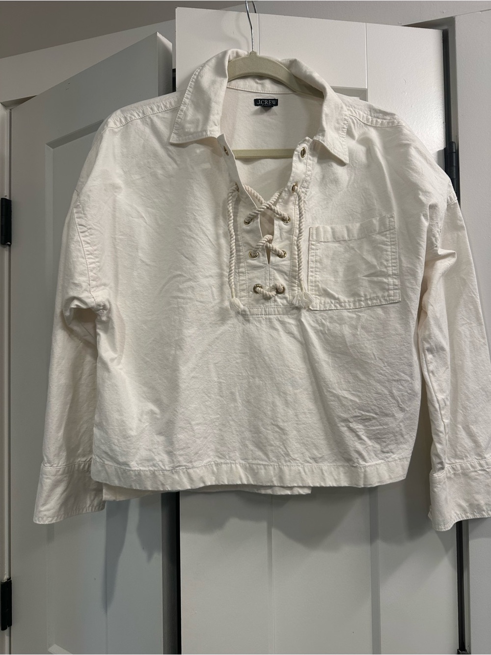 J.Crew Cream Popover Top with Lace-Up Detail